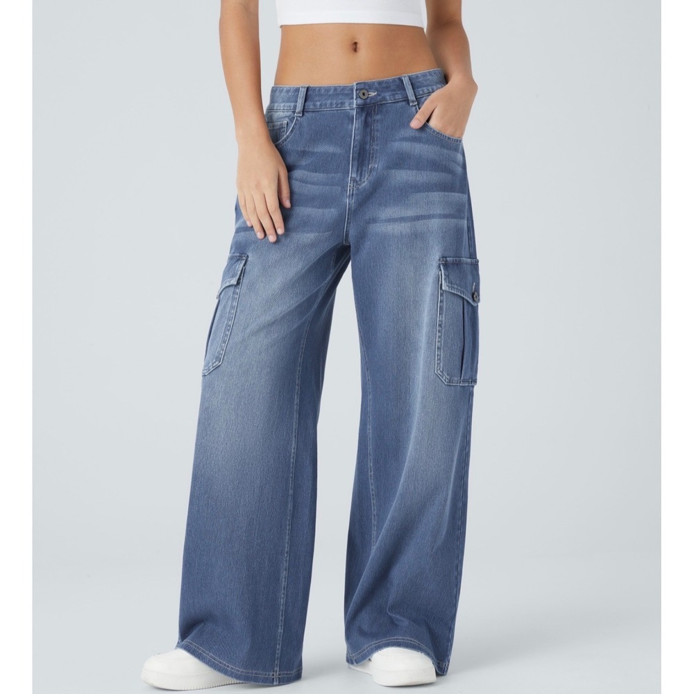 Halara Flex Low Rise Pockets Casual Baggy Wide Leg Cargo Jeans Blue Small